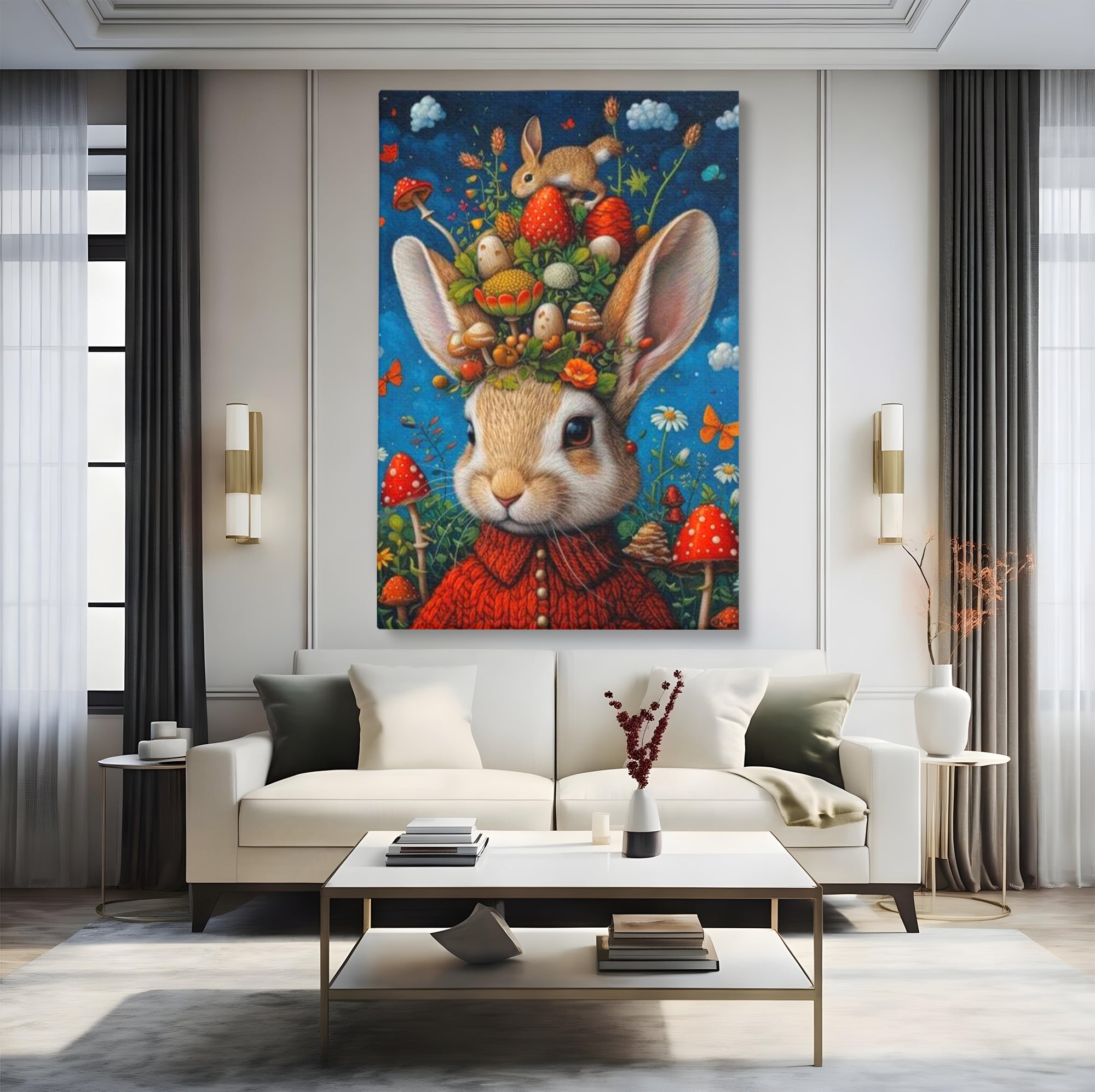 Tablou canvas cu tablou canvas cu iepuras fantastico-forestier, fara rama, pe sasiu de lemn, pe perete intr-un living